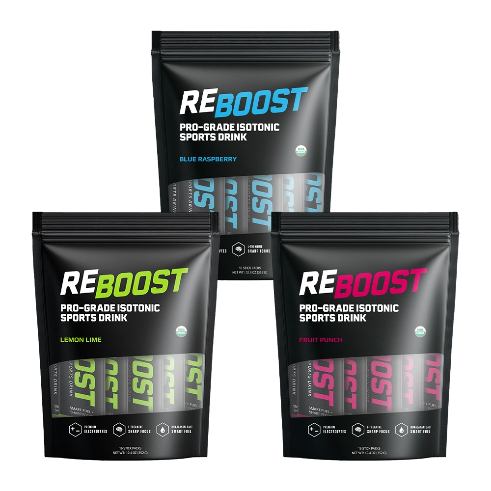Three packages of Reboost sports drink with blue raspberry, lemon lime, and fruit punch flavors